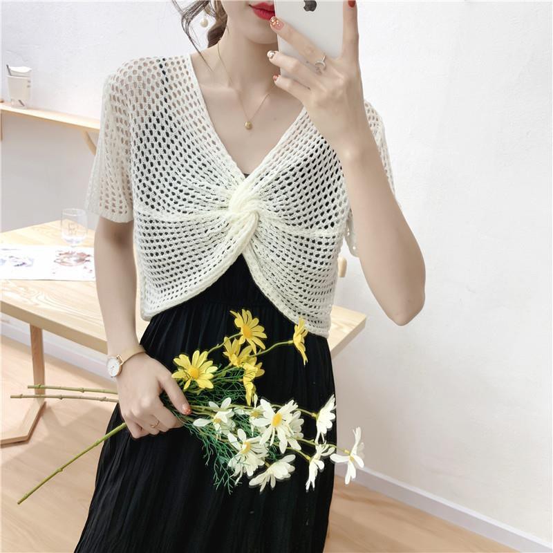 Áo sơ mi chui đầu vải lụa lạnh mỏng thiết kế đục lỗ thời trang phong cách mùa hè cho nữ