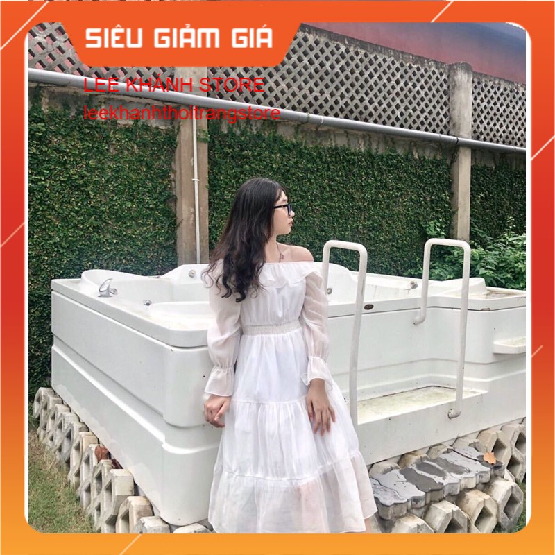 [Giảm Giá] Đầm Maxi Dự Tiệc Trễ Vai Trắng Dáng Dài 3 Tầng Cổ Vuông(Có Ảnh Thật) {Shop Lee Khánh Store}