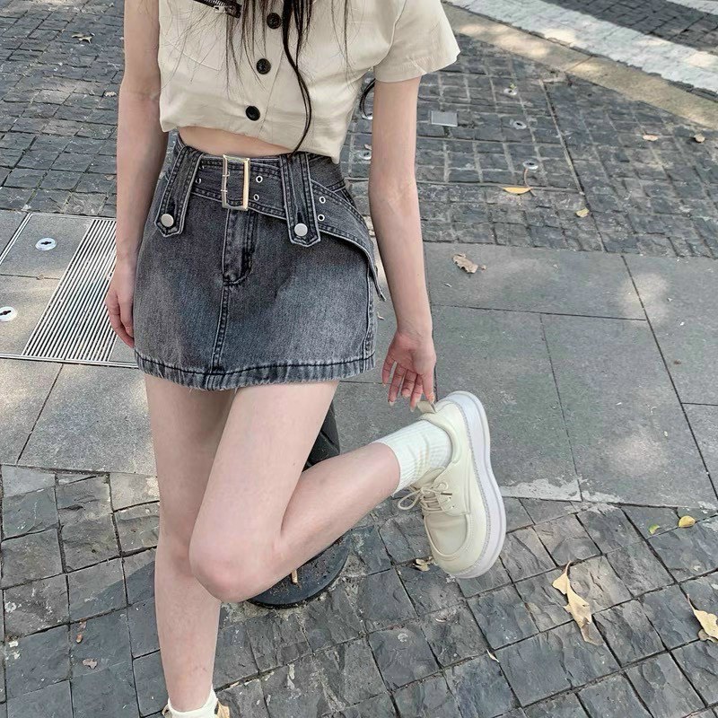 Chân Váy Bò Kèm Đai Bản To Nữ -Skirt jean dáng ngắn thiết kế thắt lưng cá tính có quần hàn quốc Về 2 màu xanh, khói
