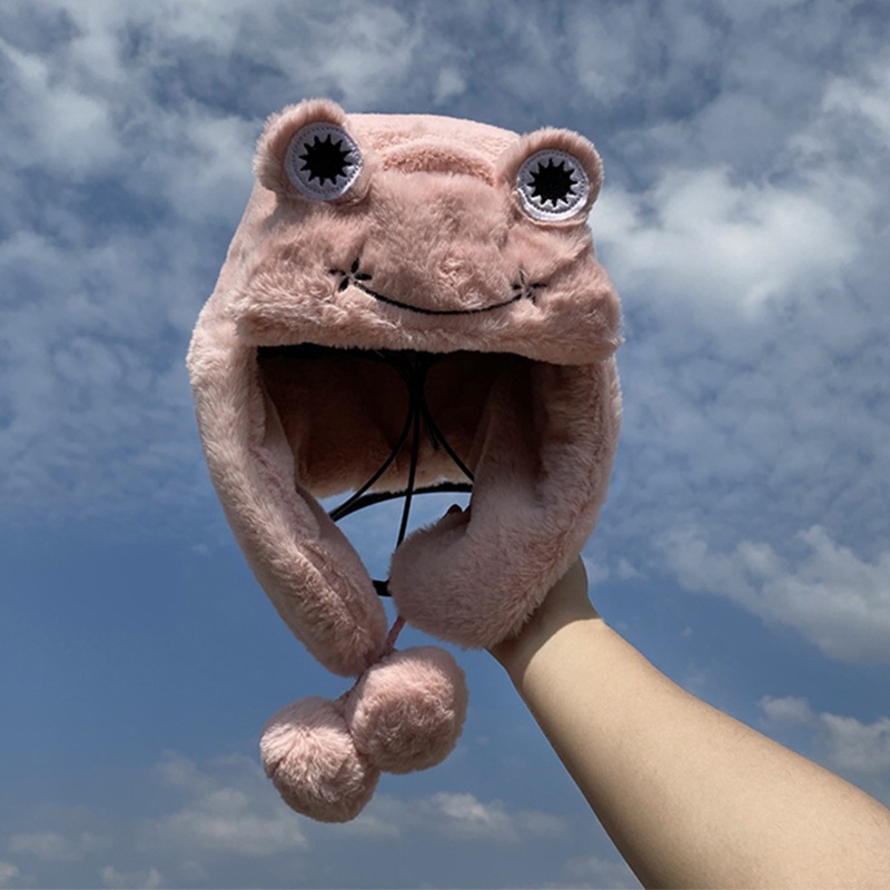 Mũ Trùm Đầu Giữ Ấm Tai Đính Mắt Ếch Nhồi Bông Dễ Thương Cho Nữ