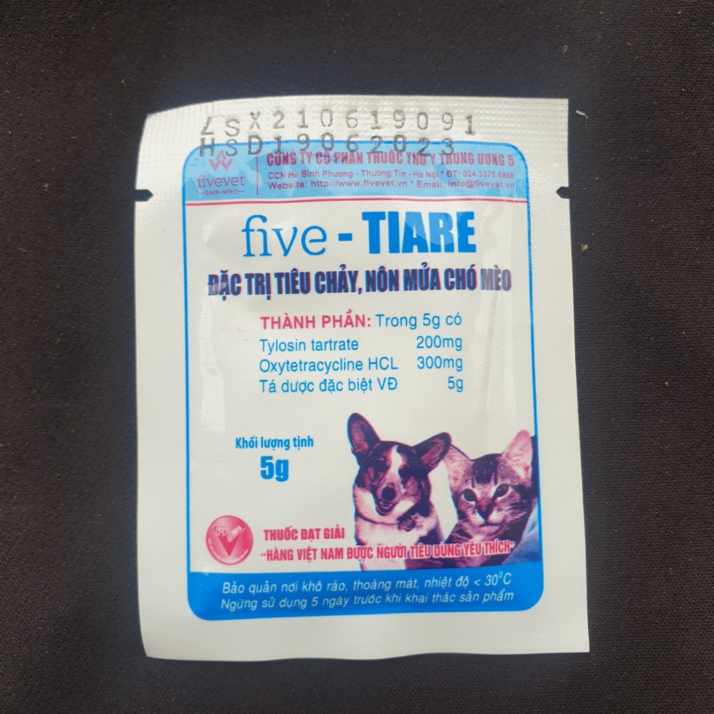 Combo 02 gói Kháng sinh chó mèo FIVE-TIARE 5g đặc trị tiêu chảy nôn mửa cao cấp