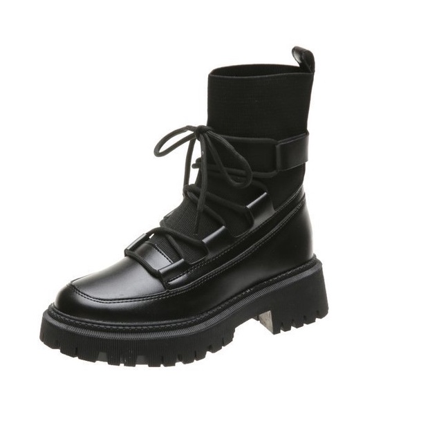 Giày Bốt Nữ FLN Cao Cổ Dây Buộc Đế Độn 4cm