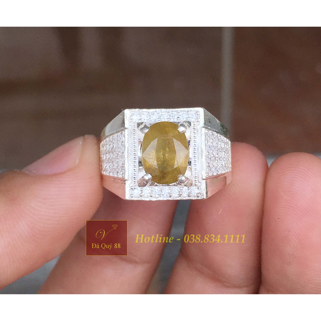 Nhẫn Bạc Nam Gắn Đá Saphia Vàng Tự Nhiên Vàng Đậm Vip