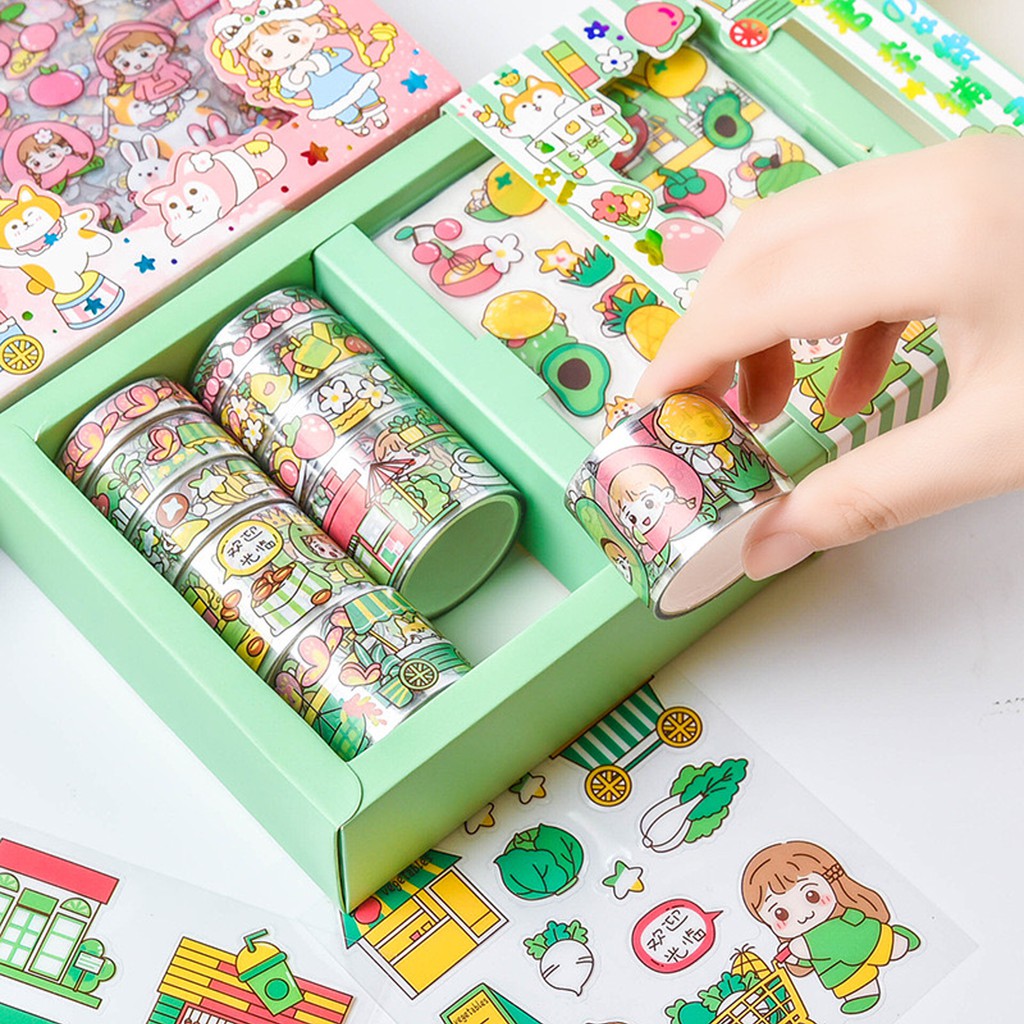 Hộp Washi Tape Cute Bóng Sticker Dễ Thương Trong Suốt Họa Tiết Cô Bé Đáng Yêu Hình Dán Trang Trí Sổ Bullet Takenote