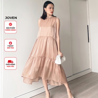 Đầm maxi đi biển suông dáng dài thiết kế tầng sang chảnh cao cấp lụa organza vàng/ cafe Joven
