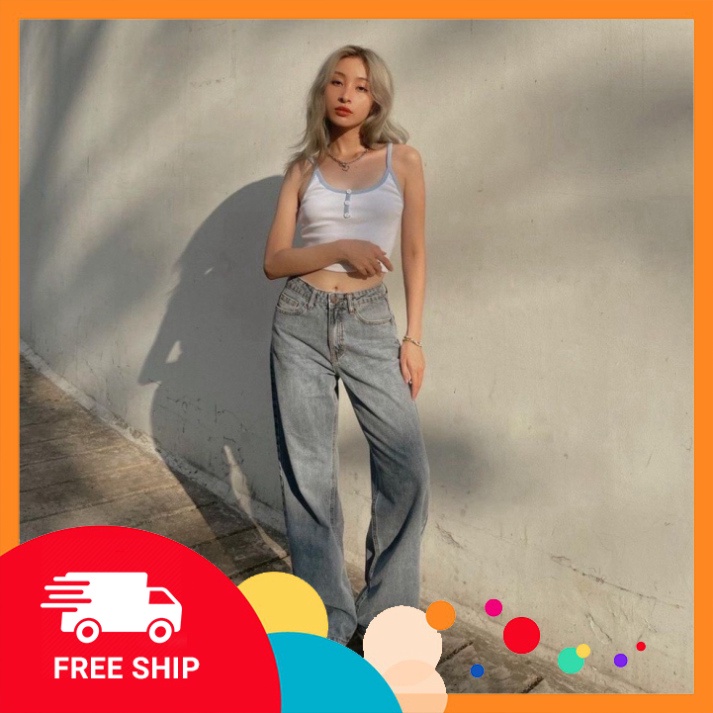 Áo Thun Croptop Hai Dây Cúc Phối Viền 4 Màu Hot Hit