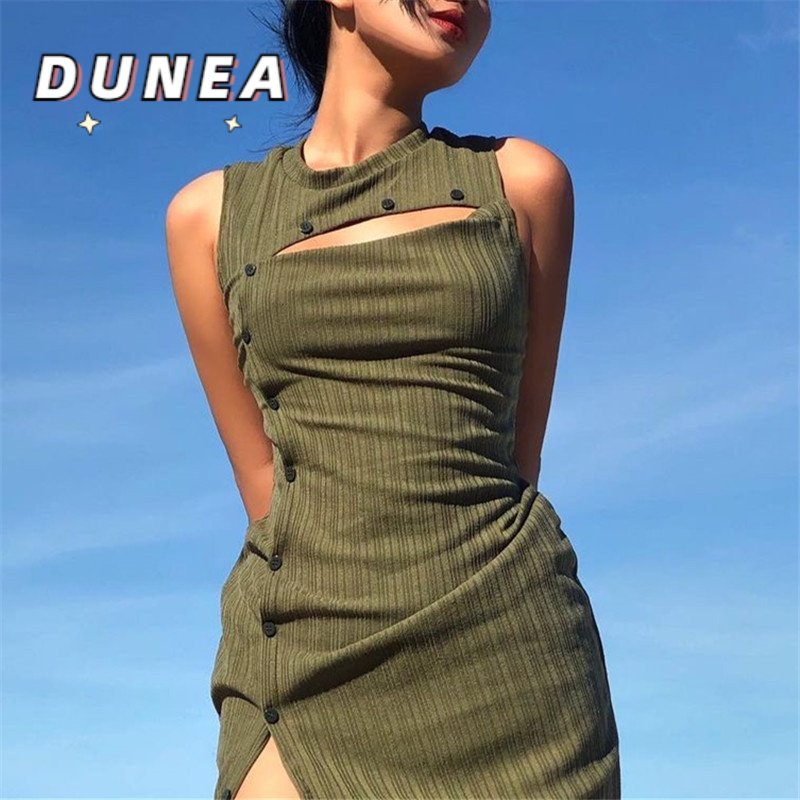 DUNEA Đầm midi thiết kế rỗng cài nút không tay khâu vải màu trơn thời trang dành cho nữ
