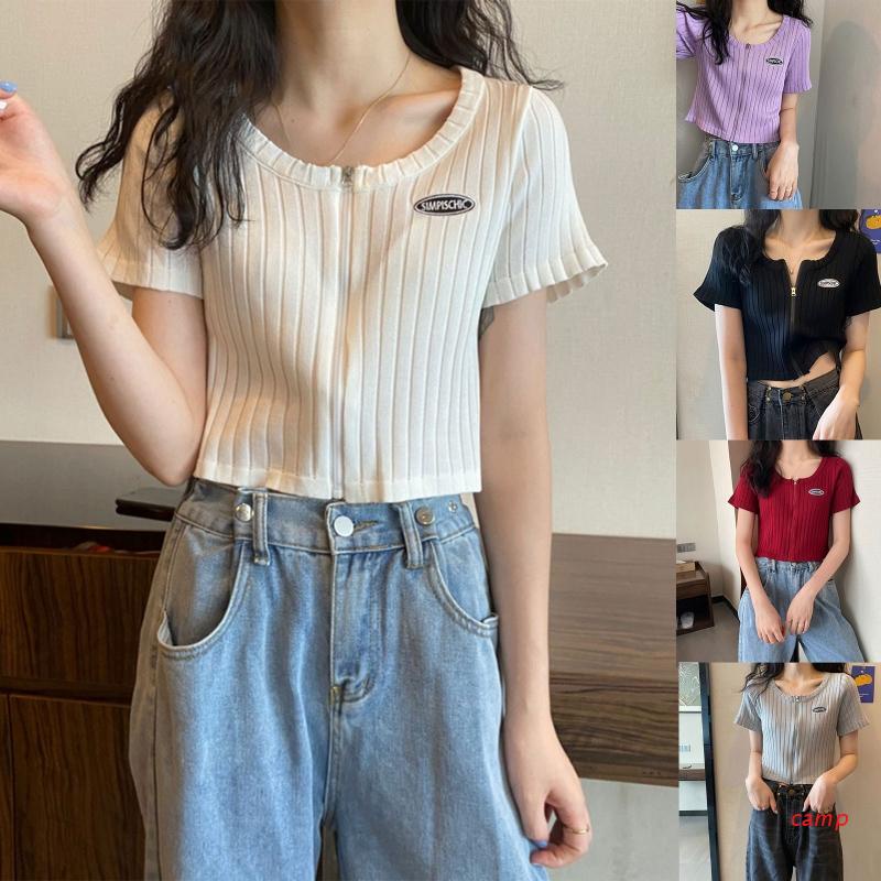 Áo Croptop Ngắn Tay Cổ Tròn Màu Trơn Có Khóa Kéo Màu Sắc Thời Trang Mùa Hè Dành Cho Nữ