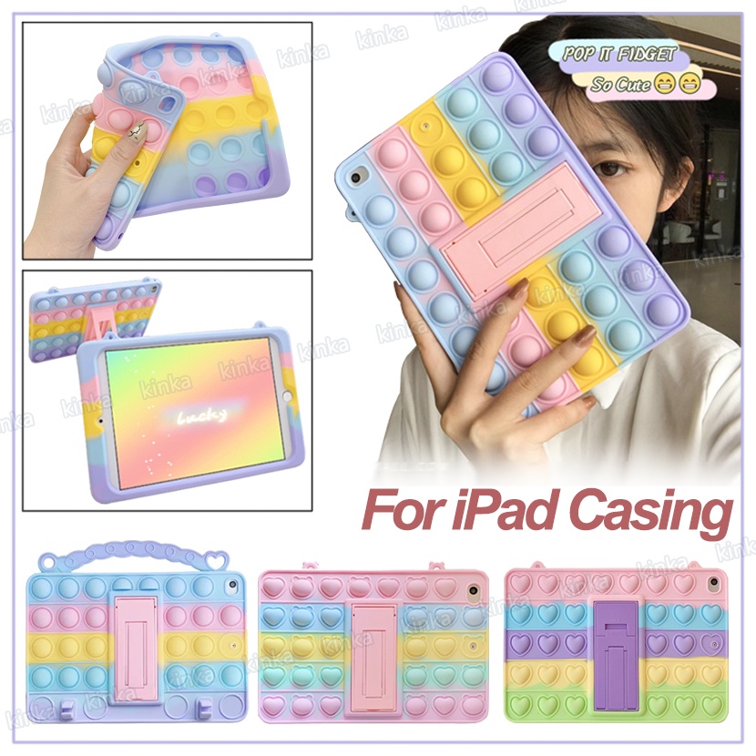 Lanyard Rainbow Cute Care Bear Heart Pattern Soft Silicone POP IT Case With Stand 3D Decompression Particle Shockproof Tablet Cover Case for new iPad mini Air Pro 1 2 3 4 5 6 7 8 9 9.7 10.2 10.5 10.9 11 2017 2018 2019 2020 2021