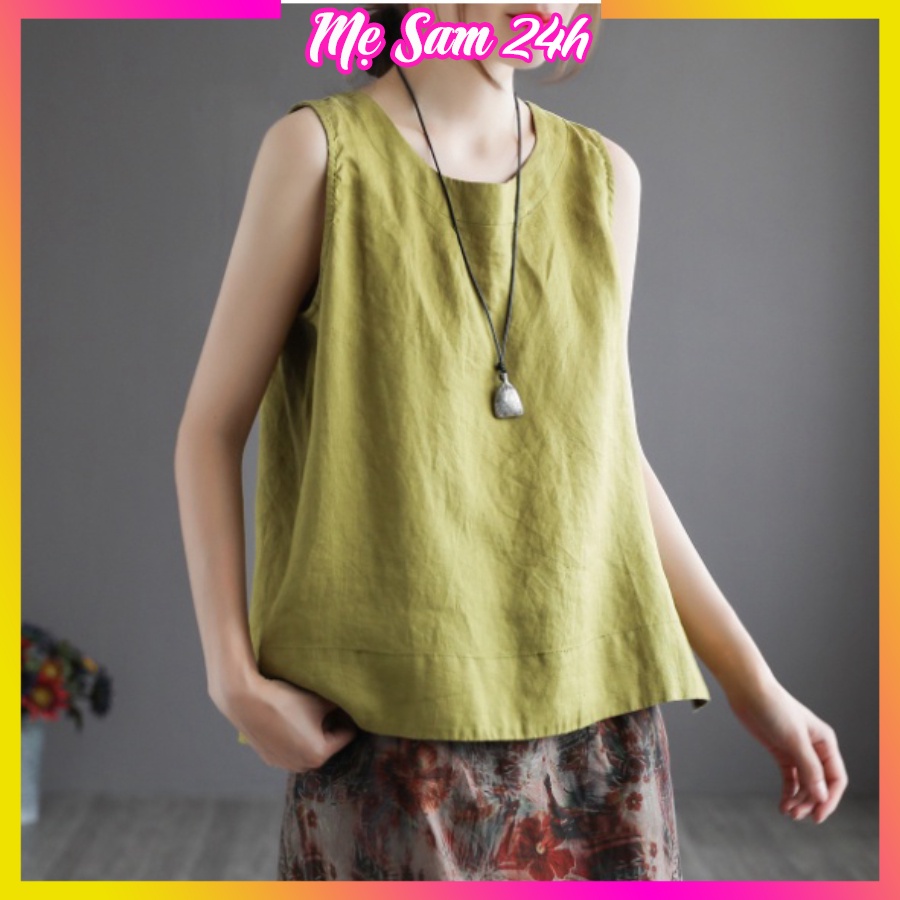 Áo ba lỗ nữ cổ tròn Mẹ Sam 24h chất liệu đũi mềm mịn thoáng mát, form rộng thoải mái AKH.05