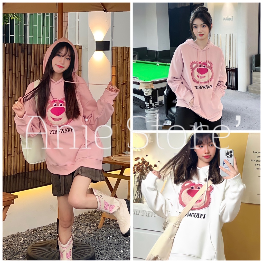 Áo Hoodie Nỉ Unisex Hình Gấu Hồng 🦋 Áo Nỉ Nam Nữ Dáng Thụng Dây Rút 2 Màu 🦋