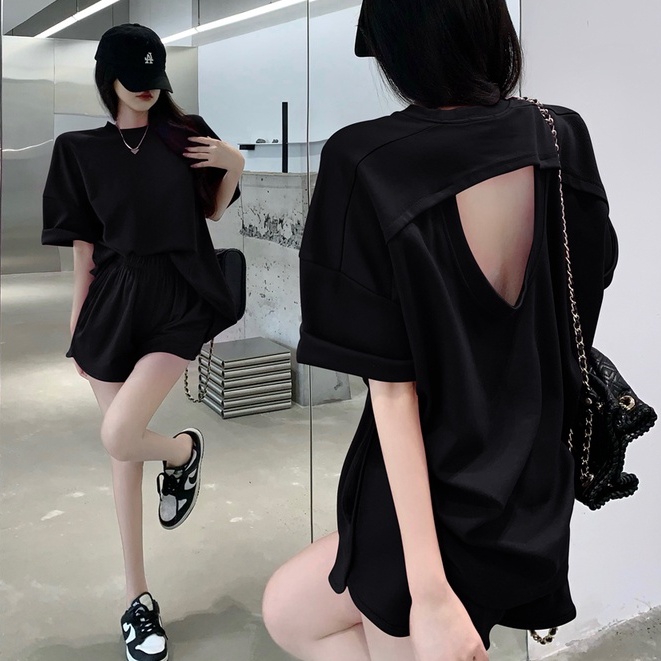 Set Áo Thun Ngắn Tay Cổ Tròn + Quần Short Ống Rộng Lưng Thun Thời Trang Hè Cho Nữ