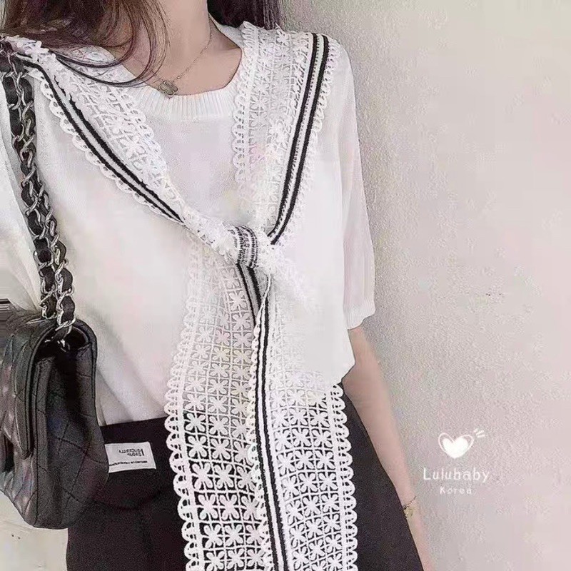 Khăn hoa ren phối sọc đen mix váy áo Ulzzang style Hàng Quảng Châu