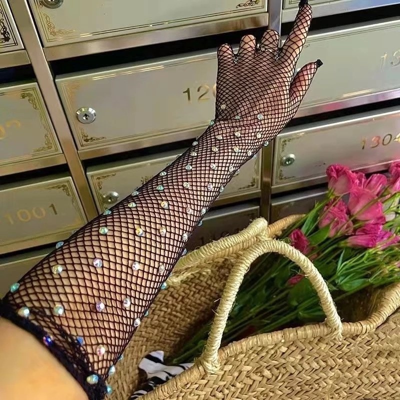 Găng Tay Lưới Dài Đính Đá Lấp Lánh Thời Trang Cho Nữ