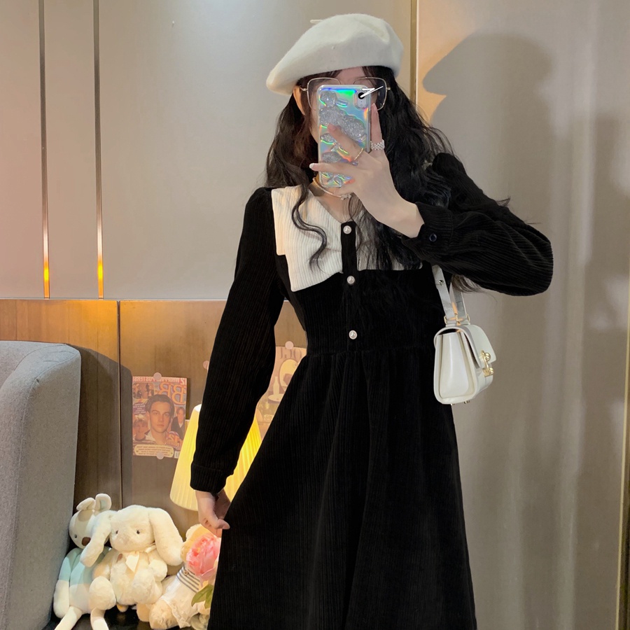 Đầm Perty nhung kẻ dáng ôm tay phồng thời trang Hàn Quốc dành cho nữ