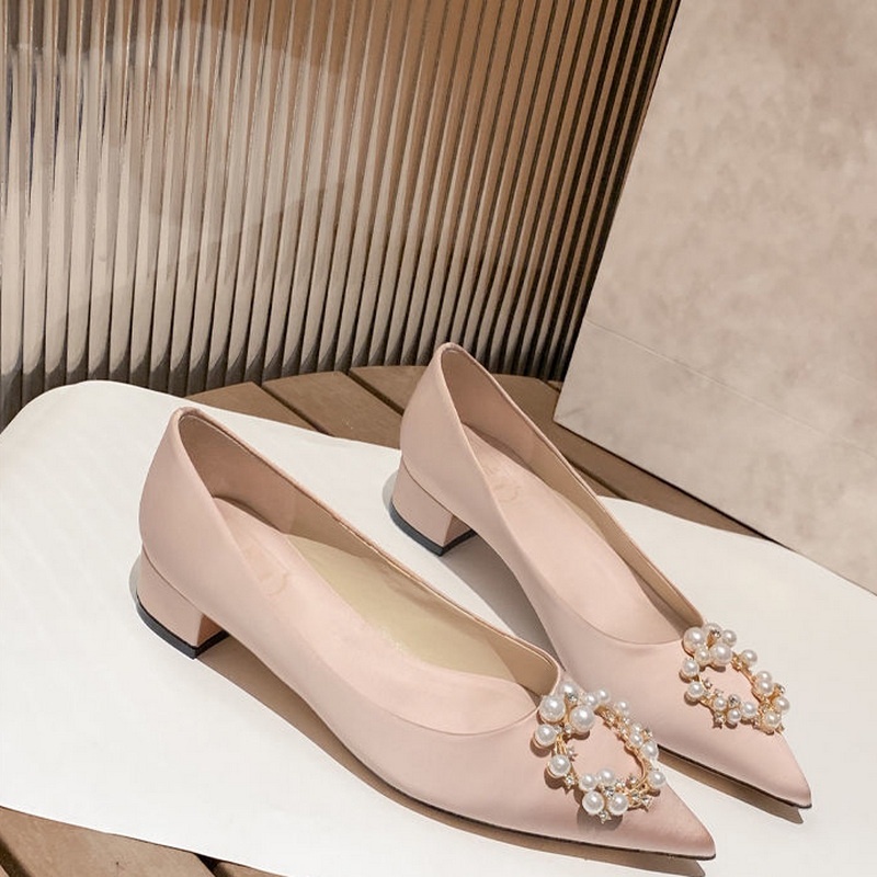 Size 34-42 Giày satin cao gót 3cm mũi nhọn dành cho nữ, giày cô dâu cưới