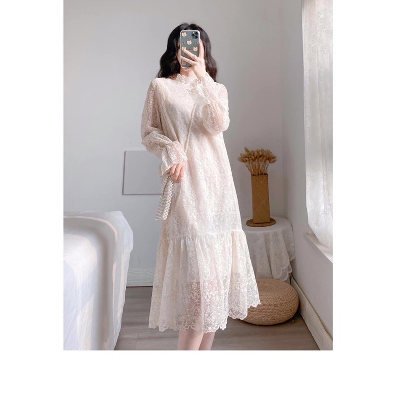 Váy Suông Dáng Dài, Đầm Suông Đuôi Cá Ren Lót Nỉ Ấm Áp Hàng Quảng Châu Latis Store