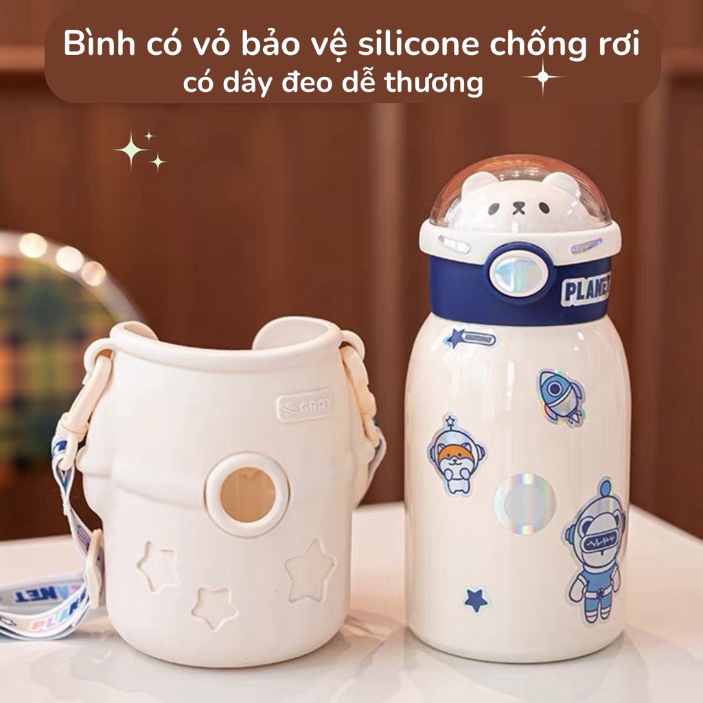 Bình nước giữ nhiệt cho bé 500ml phi hành gia cute có ống hút mini, bình inox 316 khắc tên