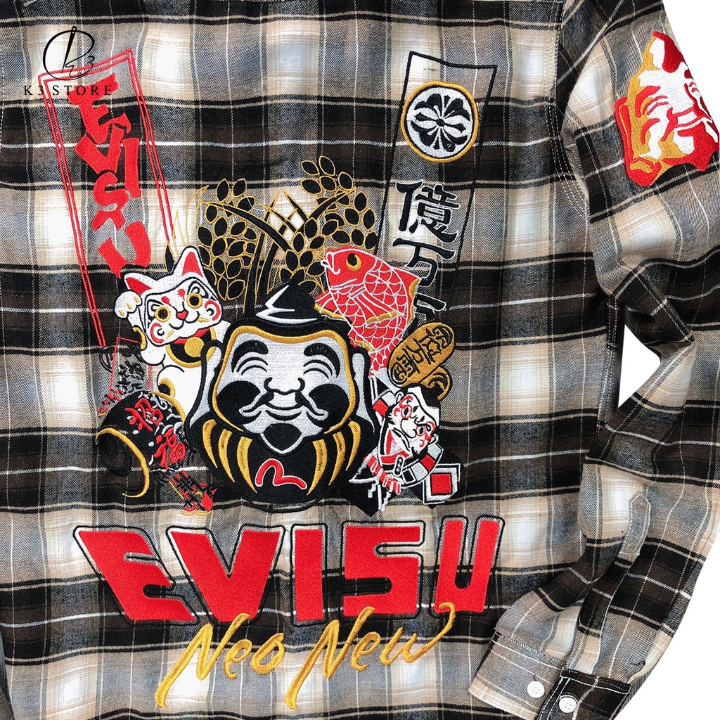 Áo sơ mi nam sọc caro thêu chữ nổi evisu neonew cá chép mèo bảo hành hình thêu K3 STORE | BigBuy360 - bigbuy360.vn