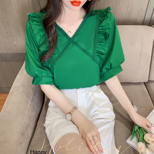 Áo kiểu tay ngắn phồng cổ chữ V dáng rộng phong cách Hàn Quốc thời trang cho nữ