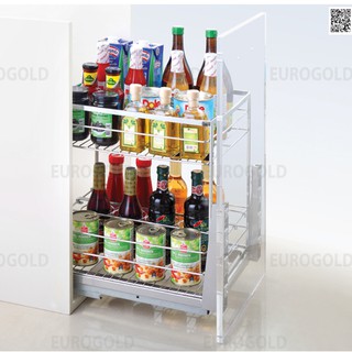 Kệ để gia vị 2 tầng có nan dẹt bằng Inox 304 bóng mờ và ray trượt giảm chấn Eurogold, hàng nhập khẩu