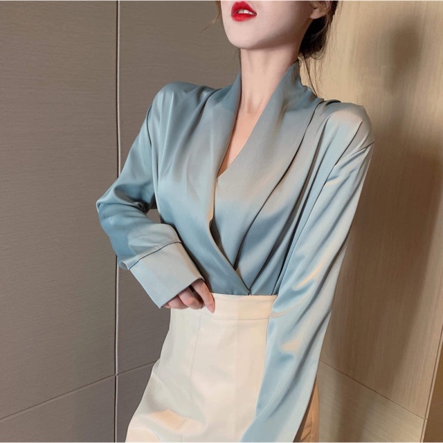 Sơmi lụa vạt chéo cổ siêu sang
