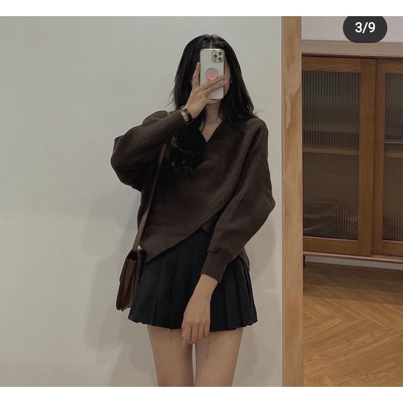 Áo len dài tay trễ vai vạt chéo hàng Quảng Châu sang chảnh