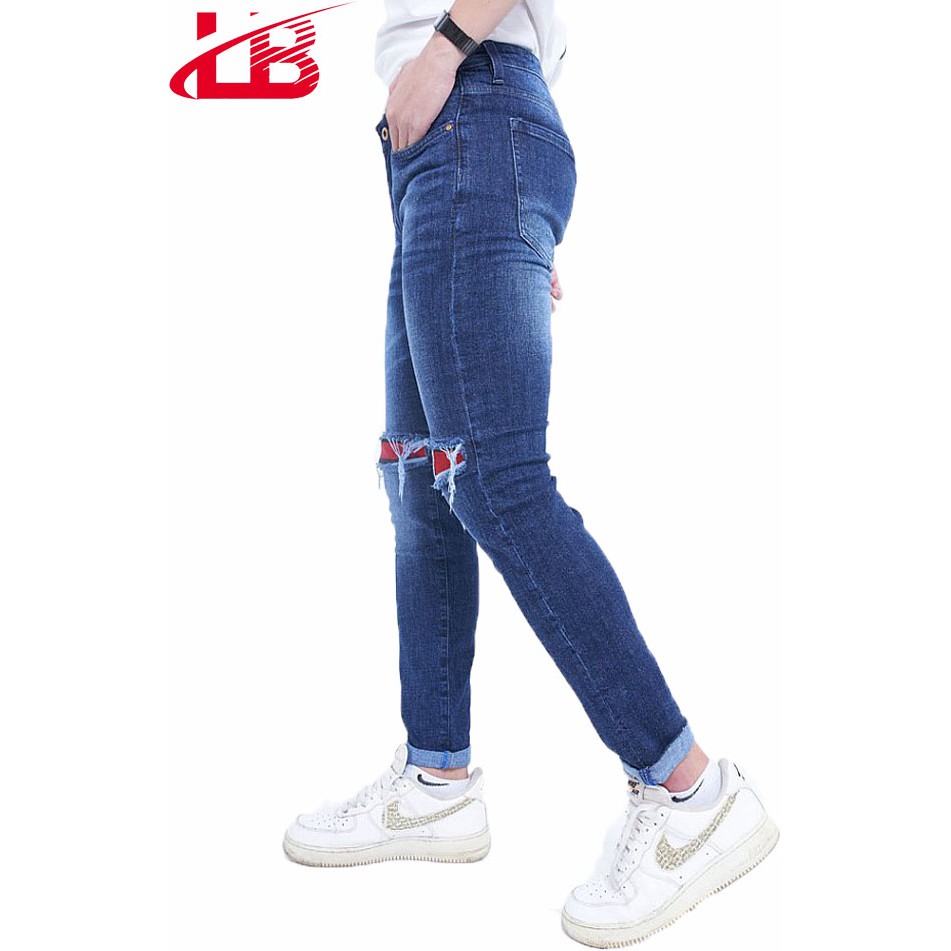 [Mã LTP50 giảm 50000 đơn 150000] Quần jeans dài nam LB màu xanh rách đắp gối màu xanh jean phom body DNBB4587