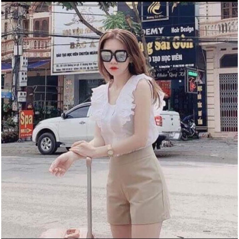 Sét áo cổ vuông bèo vai + quần sooc cạp cao BYO976