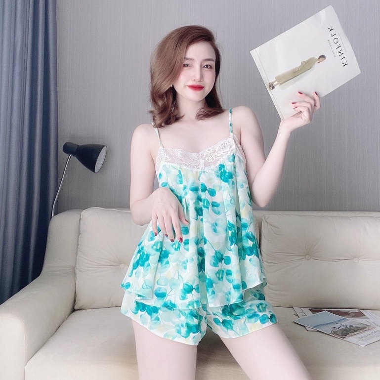 Bộ Đồ Ngủ Nữ SOJUN Vải Mango Hoa Phối Ren Dưới 70Kg