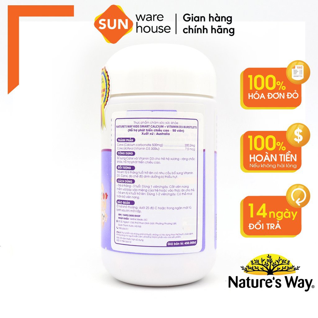 Viên Nhai Cho Bé Nature’s Way Kids Smart Calcium + Vitamin D3 Burstlets Bổ Sung Canxi Phát Triển Chiều Cao 50 Viên