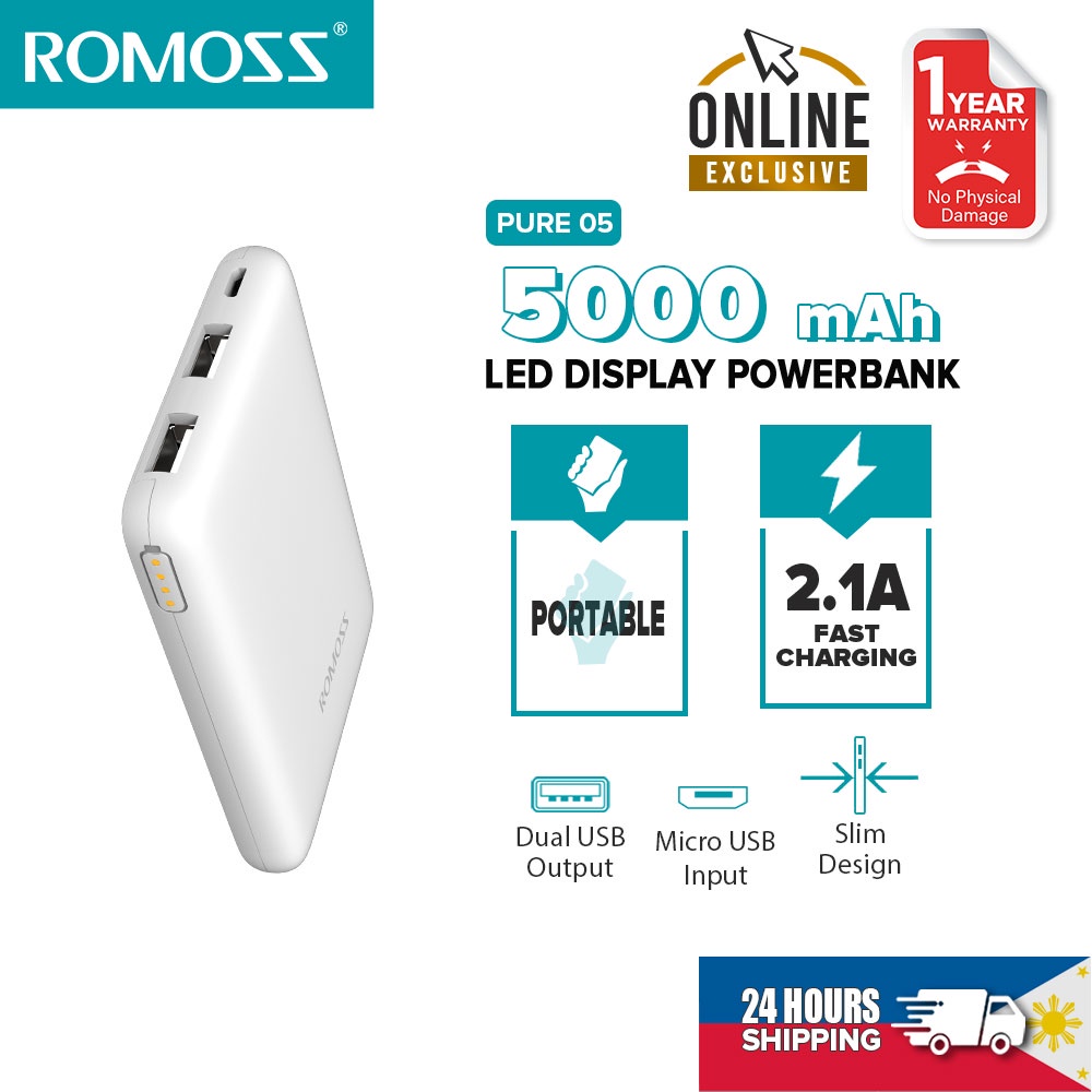Sạc dự phòng mini ROMOSS Pure 05 5000 mAh 2.1A nhỏ gọn