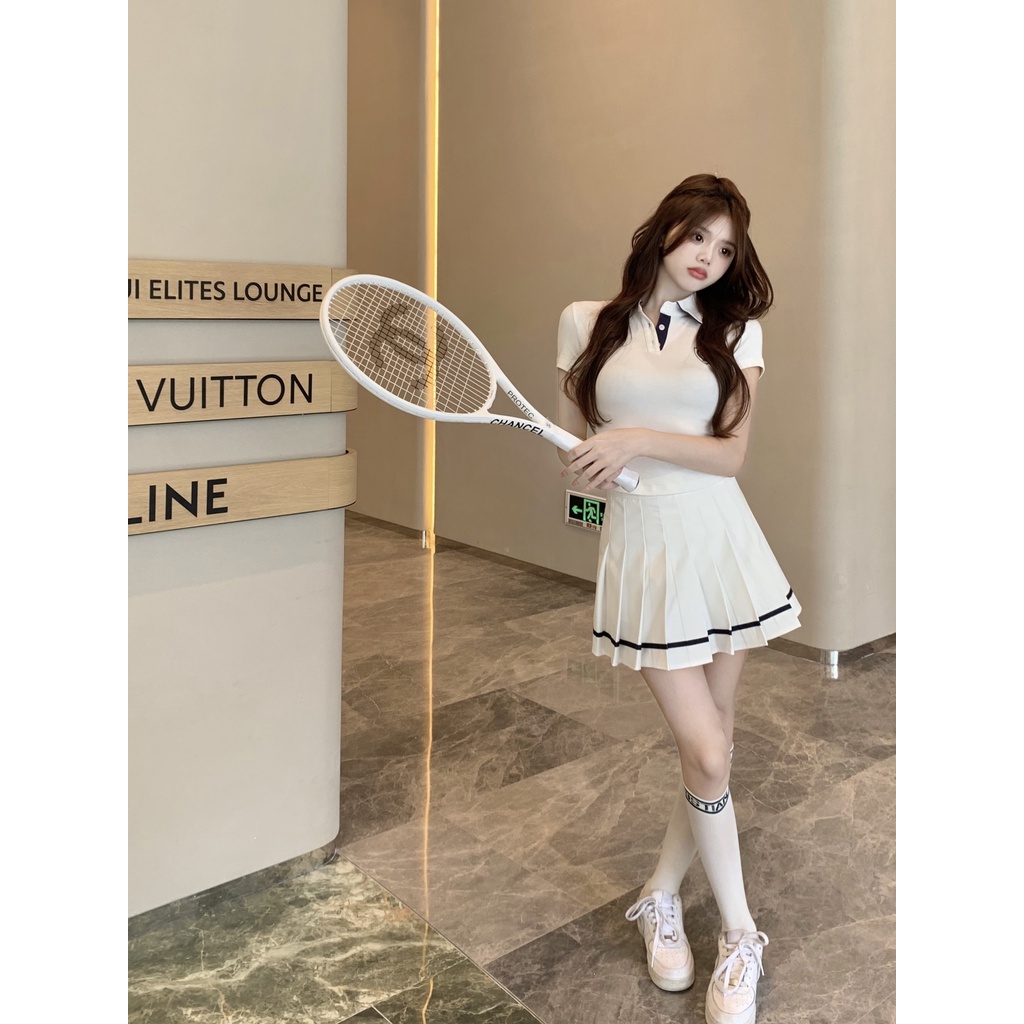 Set áo croptop ôm body cổ polo trắng tay ngắn logo + váy lưng cao tennis xòe xếp ly ulzzang thể thao hot girl