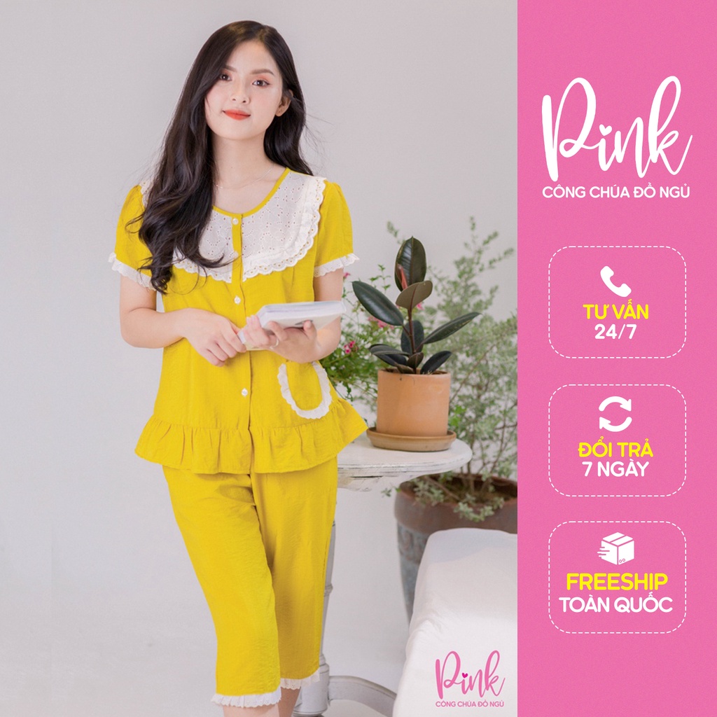 Bộ Pijama Nữ Màu Vàng Tay Ngắn Vải Đũi Chất Lượng Mềm Mịn Mát Đồ Ngủ Dễ Thương Nữ Tính Trẻ Trung Phong Cách Hàn Quốc