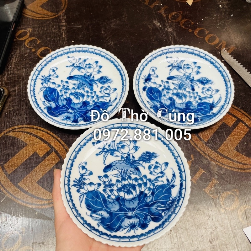 Đĩa thờ cúng, Đĩa đựng trầu ,đĩa xin đài âm dương vẽ hoa sen men lam (HK)