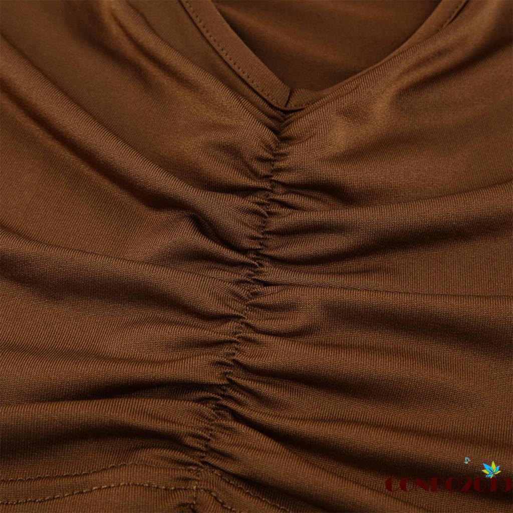 Áo Croptop Tay Dài Cổ Chữ V Màu Trơn Thời Trang Mùa Hè Cho Nữ