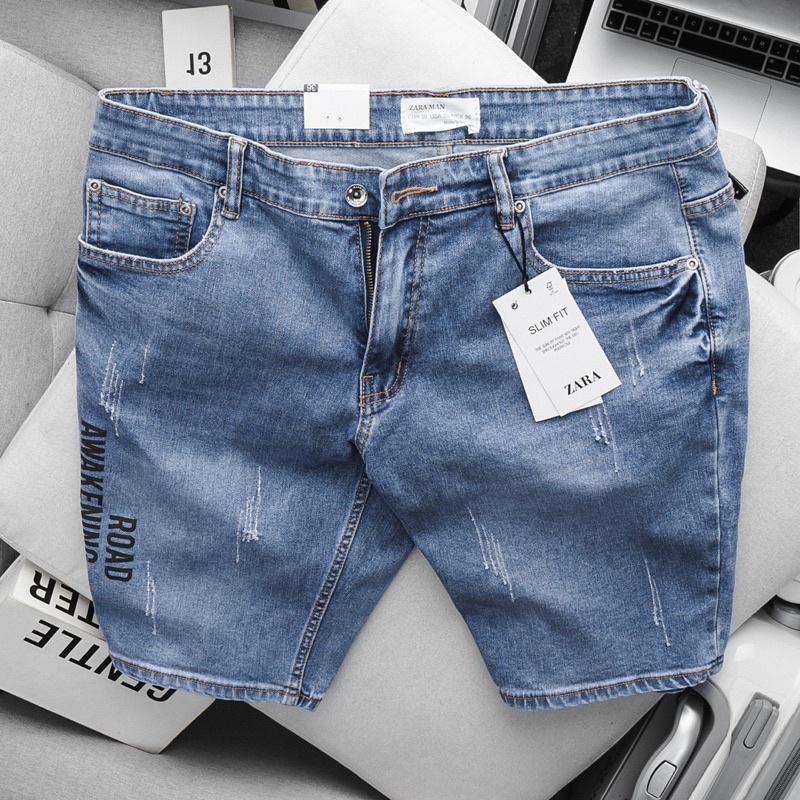 Quần Short Jean Bigsize Nam xanh sọc xuất dư xịn co giãn slimfit