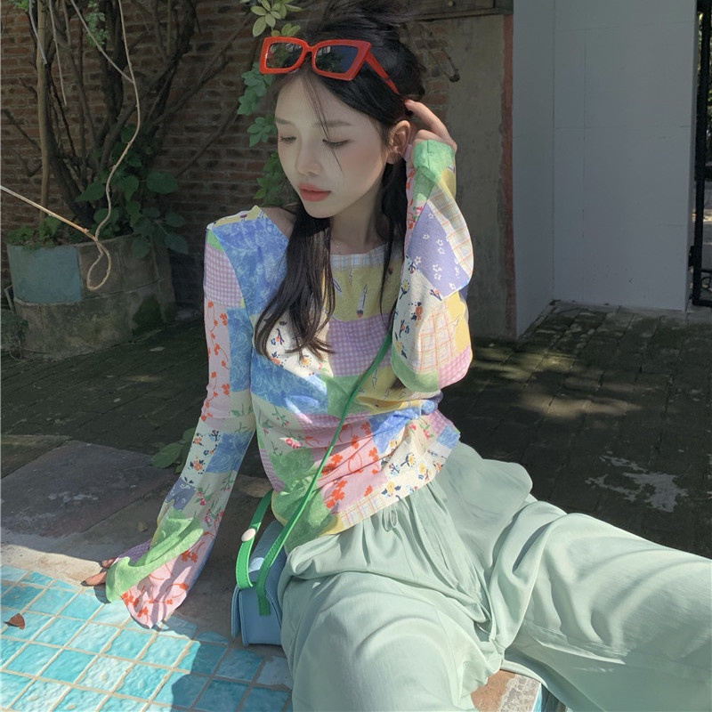 Áo Thun Tay Dài Chống Nắng Bằng Lụa Lạnh Mỏng In Họa Tiết Khối Màu Sắc Thời Trang Mùa Hè