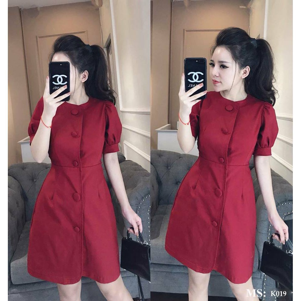 ĐẦM ĐỎ PHỐI NÚT NHÚNG K019 - Elise House (Hàng may thiết kế ,ảnh thật shop tự chụp)