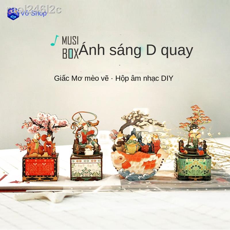 Mengtang sơn mèo tự làm hộp âm nhạc hộp âm nhạc handmade quà tặng sinh nhật cổ bằng gỗ cắm bùa chú đồ chơ