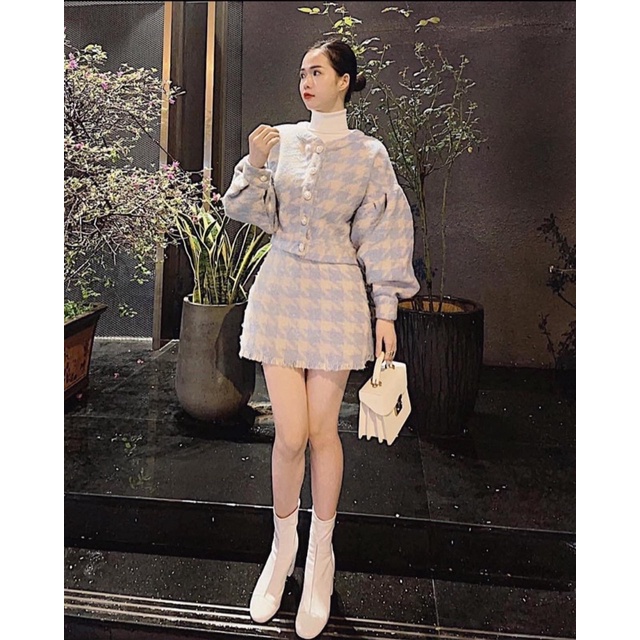 SET DẠ CARO XANH ÁO NÚT CHÂN VÁY