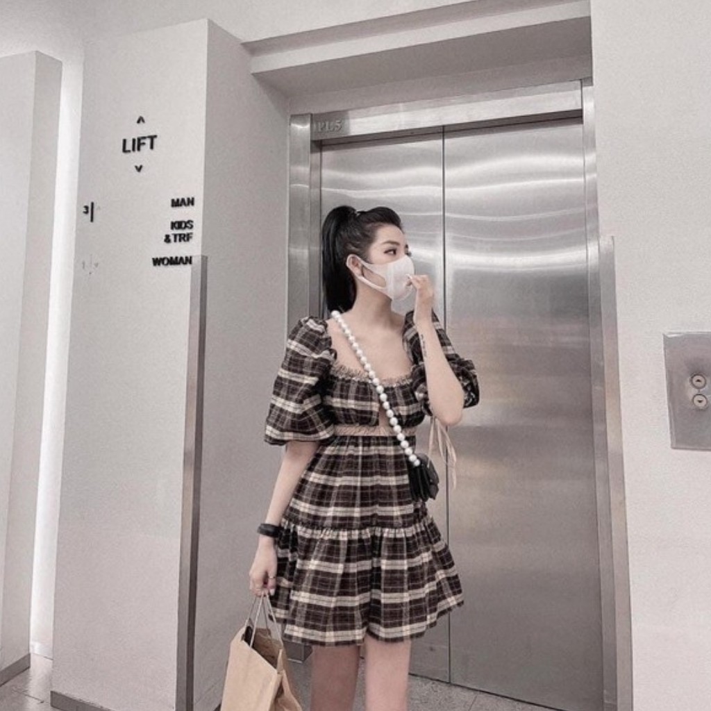 Đầm Babydoll Dáng Xoè Tay Phồng Cổ Vuông Kẻ Caro Chất Cotton Siêu Xinh | BigBuy360 - bigbuy360.vn