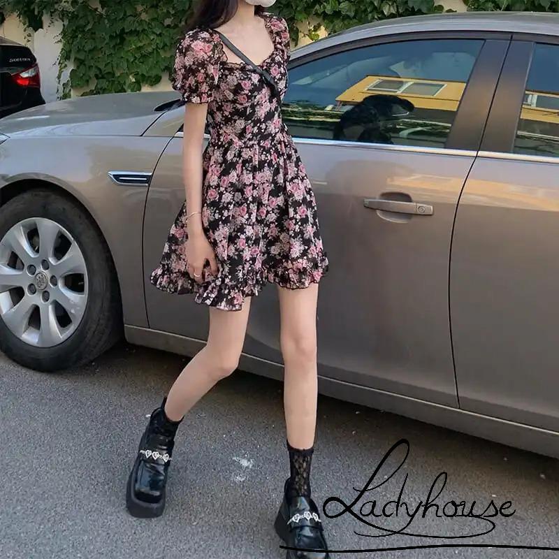 Đầm chữ A mini cổ vuông tay ngắn phồng eo cao thời trang mùa hè cho nữ