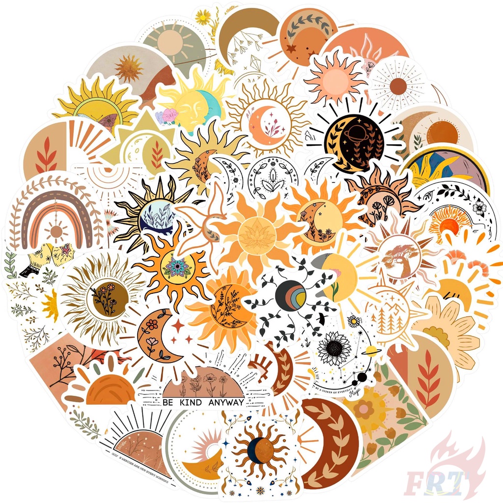 ❉ Mặt trăng &amp; hoa. Hình Dán Mặt Trời &amp; Mặt Trăng Nghệ Thuật Bohemia Series 02 ❉ Bộ 50 Sticker Chống Thấm Nước Họa Tiết Doodle Hợp Thời Trang