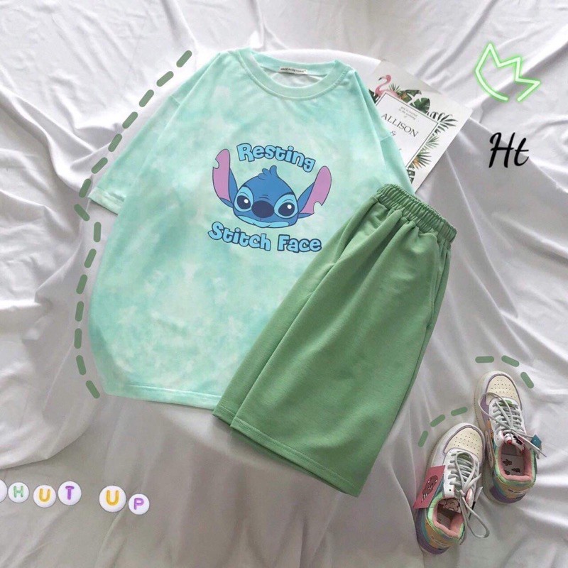 bộ áo thun tay lỡ loang màu xanh stitch quần đùi xanh lá