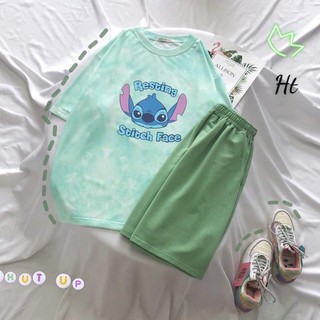 bộ áo thun tay lỡ loang màu xanh stitch quần đùi xanh lá