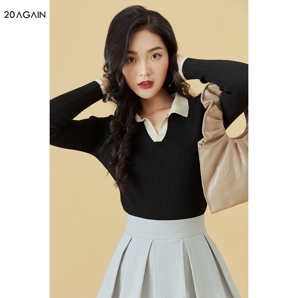 [Mã WABRAG99 giảm 10% đơn 99K] Áo len nữ dài tay phối cổ 20AGAIN, co giãn, tôn dáng ALA0061 | BigBuy360 - bigbuy360.vn