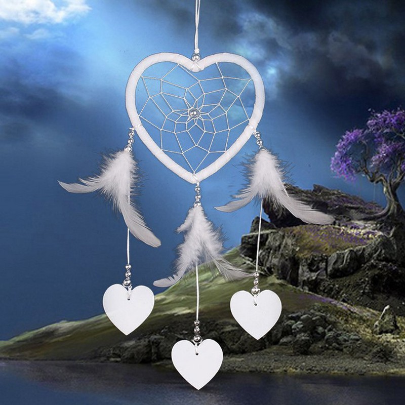 Dreamcatcher hình trái tim trắng nhỏ đính lông vũ xinh xắn trang trí nhà cửa