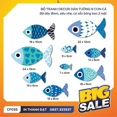 Tranh cá decor trang trí nội thất gồm 9 con màu xanh  - Tặng băng keo chuyên dụng [CF035]