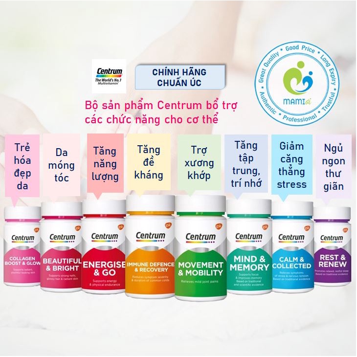 Centrum bổ trợ trí nhớ, giảm căng thẳng, ngủ ngon, tăng đề kháng, năng lượng, bổ khớp, bổ da móng tóc, đẹp da Úc